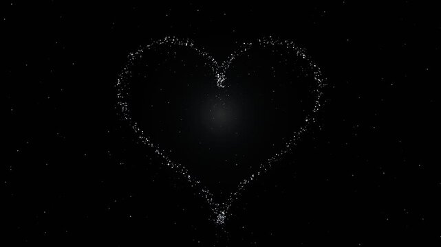 Glowing white particle lights forming a magical heart shape centered against a deep space dark background, wide camera angle capturing a romantic, cosmic mood for Valentine theme visuals.