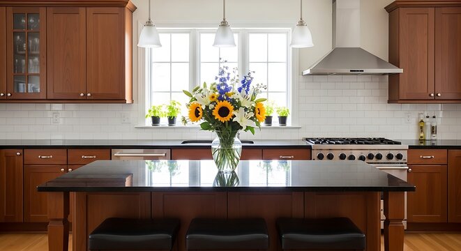 Modern kitchen interior with wooden cabinets and granite island, interior