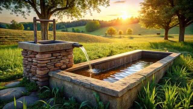 Rustic stone water feature and irrigation trough in a rural landscape