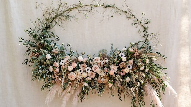 Large oval floral wreath frame with heavier fullness pampas grass and pastel roses on linen backdrop