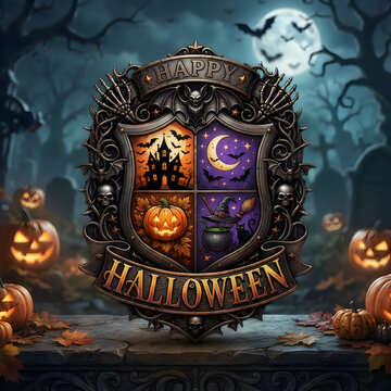 Decorative Halloween coat of arms features a central shield divided into four quadrants, showcasing a haunted castle, crescent moon, pumpkin, and witch's cauldron, set against a spooky graveyard.