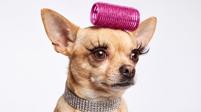 Glamorous Chihuahua with eyelashes and a pink hair curler
