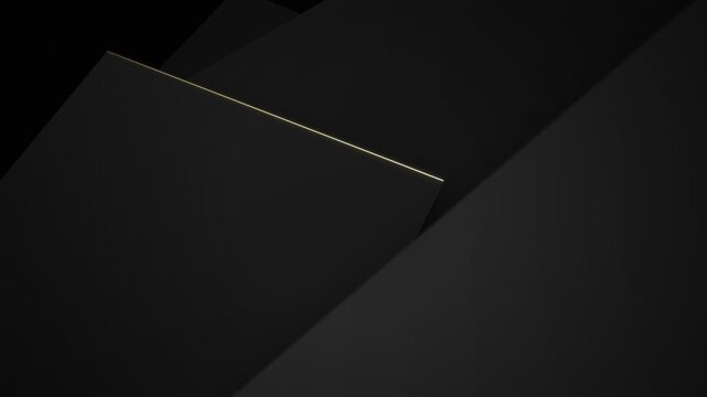 Luxury dark minimalist background featuring sleek black geometric 3D planes slowly shifting in close up perspective, highlighted by elegant glowing gold rim light edge line for premium aesthetic.