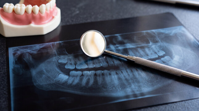 Dental mirror resting on a panoramic x-ray film