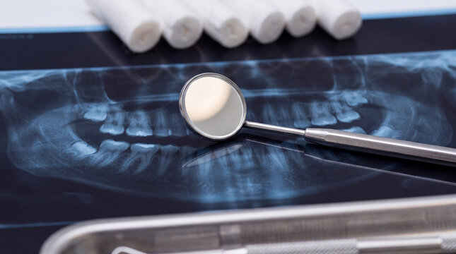 Chrome dental mirror on an x-ray film background