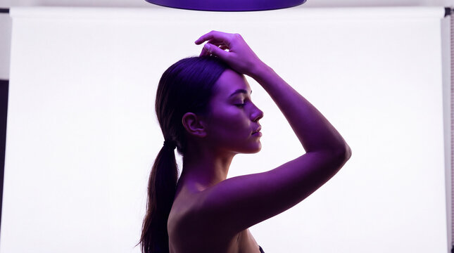 Side profile of a woman under violet studio light