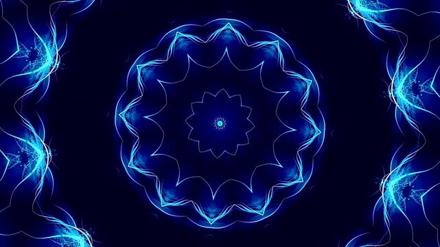 Blue neon light kaleidoscope mandala abstract background, loop motion graphics