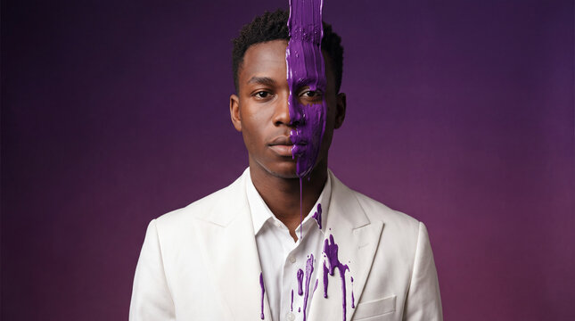 Black man in a white suit with purple paint on his face