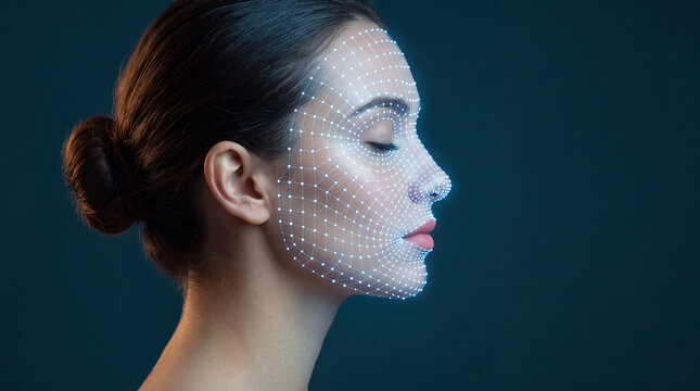 Digital face scan with a glowing wireframe profile