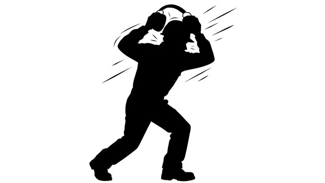 Silhouette of man carrying heavy load white background.