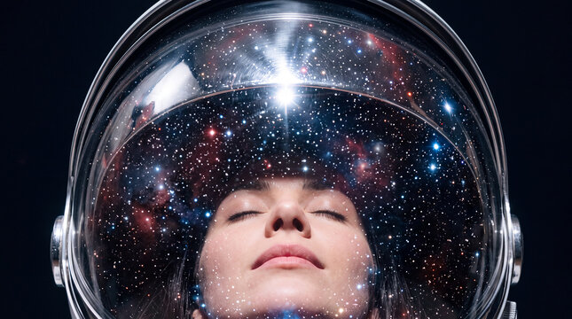 Face wearing a chrome helmet reflecting stars
