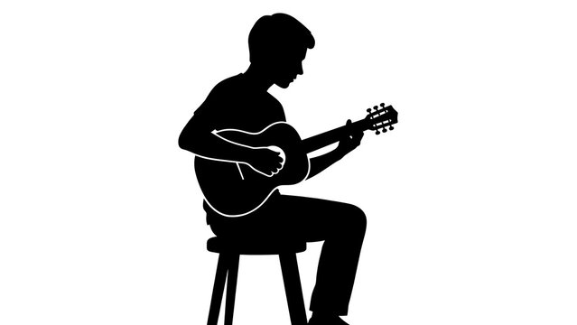Silhouette of man playing guitar on stool white background.