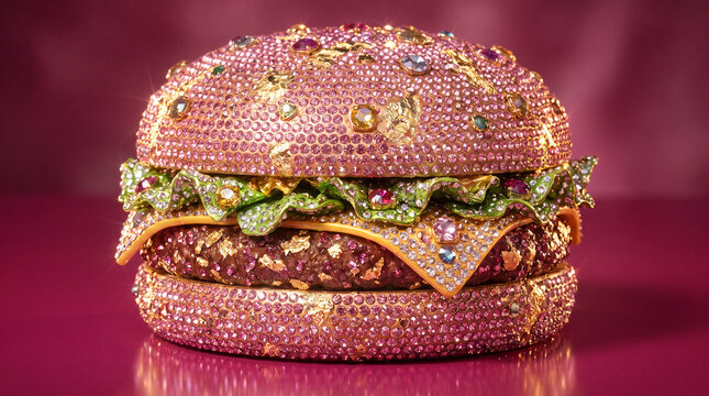Crystal covered hamburger on a pink reflective surface