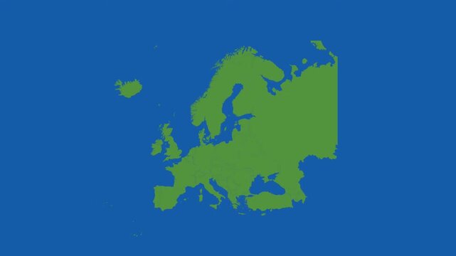 Flat Europe Green Map Isolated on Blue Background Motion Graphic