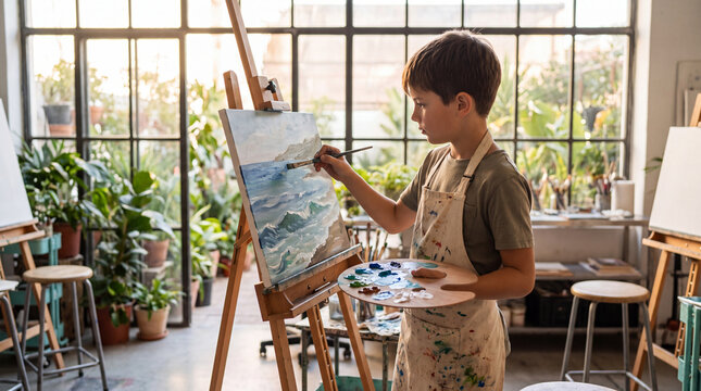 Boy painting a seascape at an easel