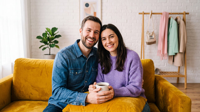 Happy couple sitting together on a yellow sofa