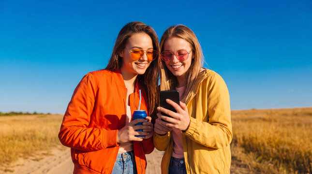 Two friends sharing a drink while looking at a smartphone