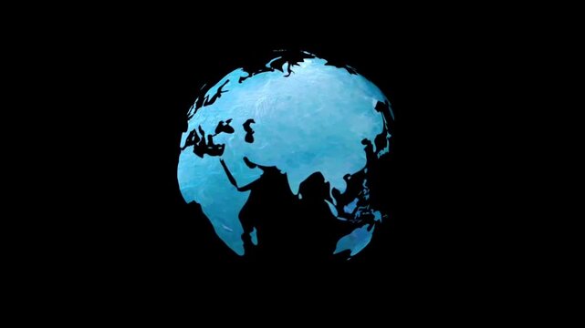 Rotating blue earth globe animation on black background loop video footage