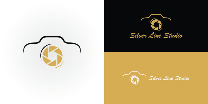 Minimalist camera outline featuring a smooth black top silhouette and a central golden aperture shutter mark on a clean white background, creating a sleek vector design for photography branding.