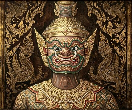 Thai traditional art.  illustration of a giant demon guardian with golden kanok pattern