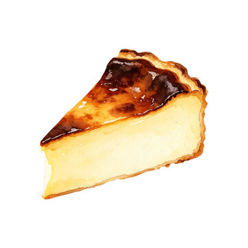Watercolor illustration of a slice of San Sebastian basque burnt cheesecake