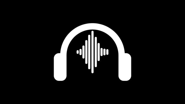 Minimalist White Headphones Icon with Pulsing Sound Wave Animation on Black Background.