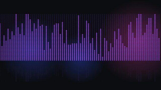 Abstract Digital Audio Waveform Visualization with Pulsing Purple Bars.