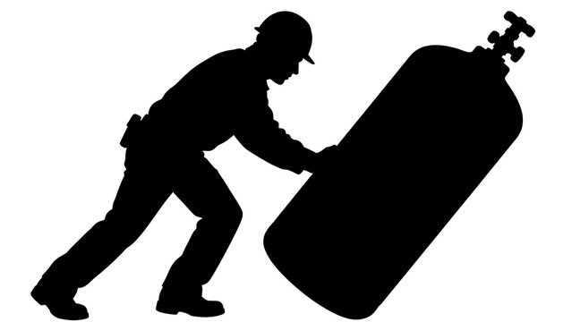 Silhouette of worker pushing gas cylinder white background.