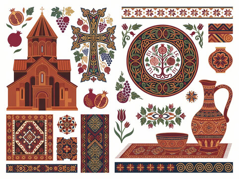 Collection of traditional Armenian cultural symbols and decorative art elements.