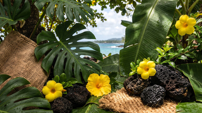 Tropical flowers, rocks, and leaves with ocean background, ideal copy space for a jamaica reggae design.