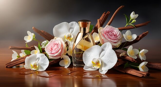 Perfume bottle surrounded by white orchids roses and cinnamon sticks
