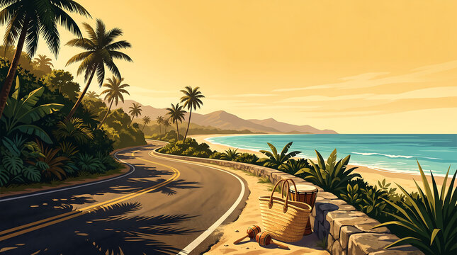 Tropical coastal road journey at sunset with a relaxed reggae vibe, featuring a scenic Jamaica background and ample copy space for text.