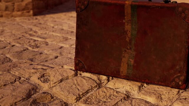 A vintage suitcase sits on a cobblestone surface in an outdoor area during daytime. The sunlight shines on the suitcase and the ground, showing details of the environment.