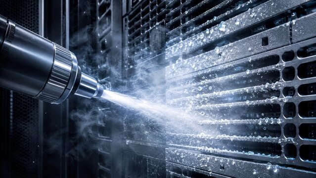 Macro close up of metal air duster nozzle spraying cold mist onto server ventilation grille