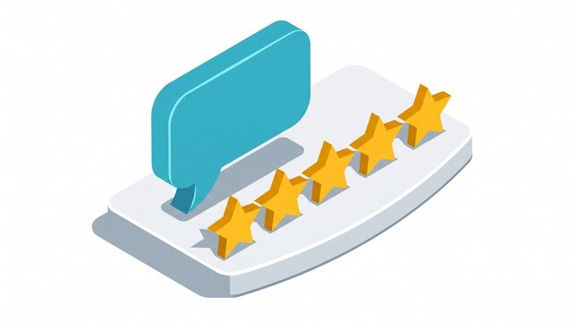 Isometric five yellow stars rating rank badge with blue speech bubble illustration