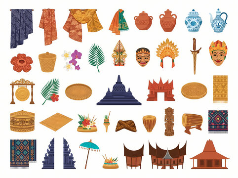 Collection of traditional Indonesian cultural icons and heritage symbols.
