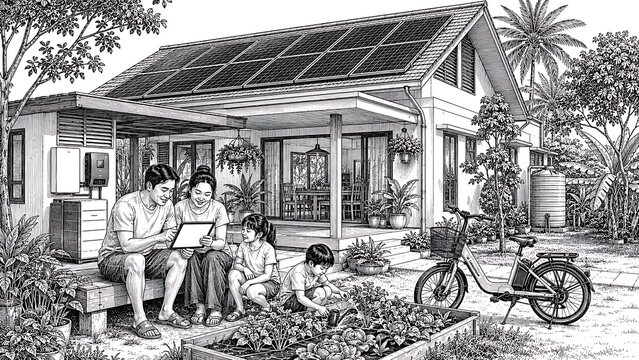Modern Thai family living in sustainable solar powered home