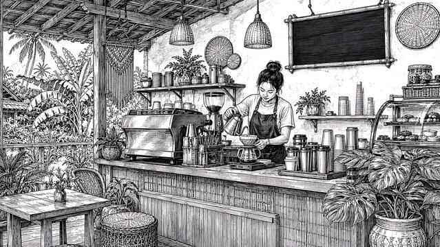Contemporary Thai barista preparing pour over coffee