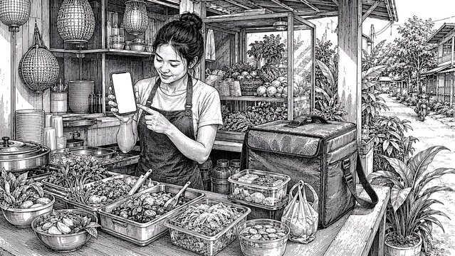 Thai street food vendor managing online delivery orders
