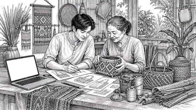 Thai artisans sharing traditional basket weaving knowledge
