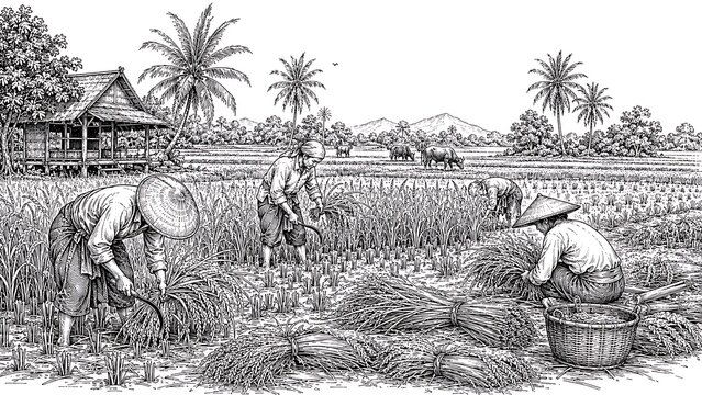 Traditional Thai farmers harvesting rice by hand