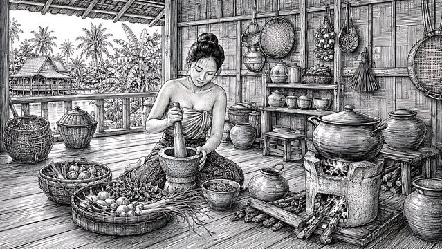 Traditional Thai woman preparing food in a rural kitchen