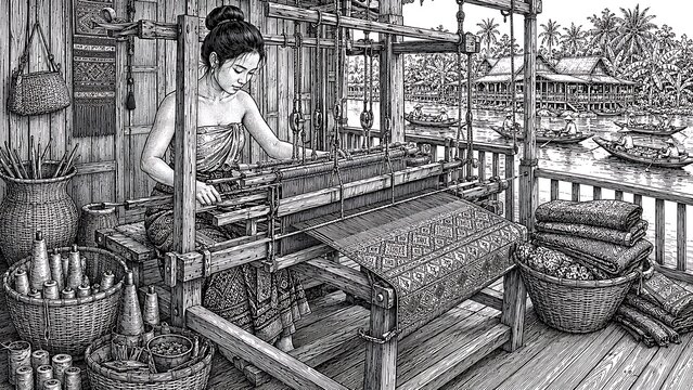 Thai textile artisan weaving patterned fabric on wooden handloom