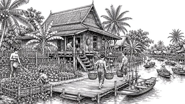 Traditional Thai riverside village with wooden stilt houses