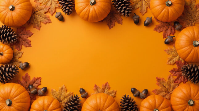 Autumn Halloween pumpkins, pine cones, acorns and colorful fall leaves forming a decorative border frame around an orange background with generous seasonal copy space