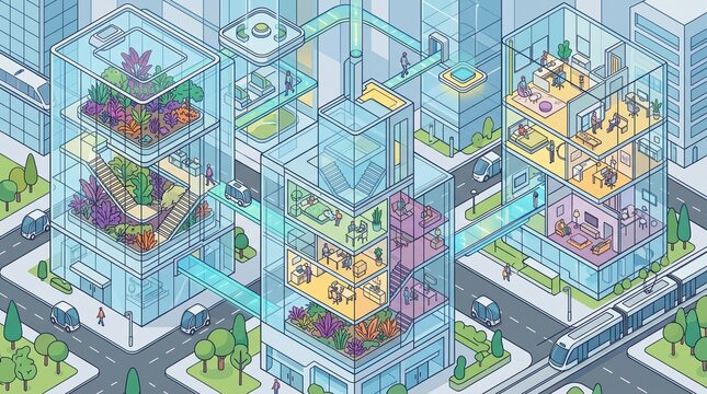 Isometric illustration of modern eco city buildings with cutaway interior rooms and green rooftop gardens