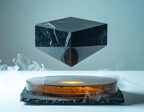 Black cube hovering above a warm metallic circular platform