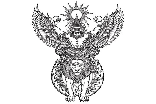 Thai Garuda and lion mythical guardian line art