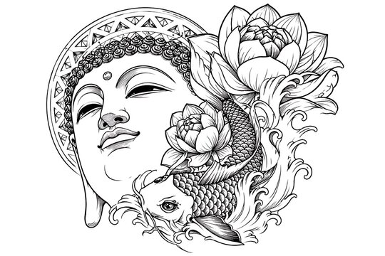 Serene Buddha Face Surrounded by Lotus Flowers and Koi Fish in Detailed Black and White Line Art Design