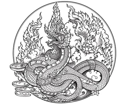 Thai Naga serpent with flames and lotus line art